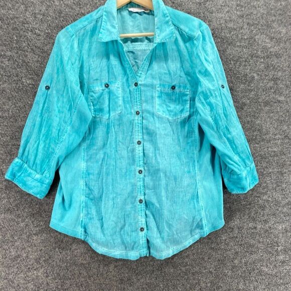 Keren Hart Shirt Women M Medium Blue Button Up Collared Long Sleeve Cotton - Picture 4 of 9